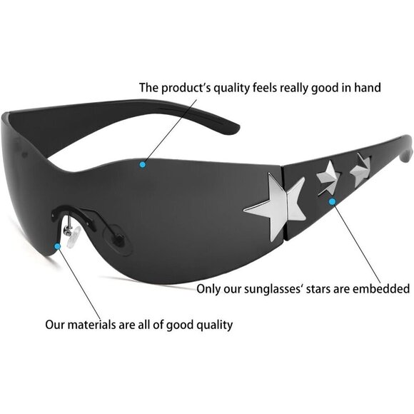 Sunglasses Star Wrap Around Glasses Black Cool Shield Shades for Unisex - Picture 2 of 7